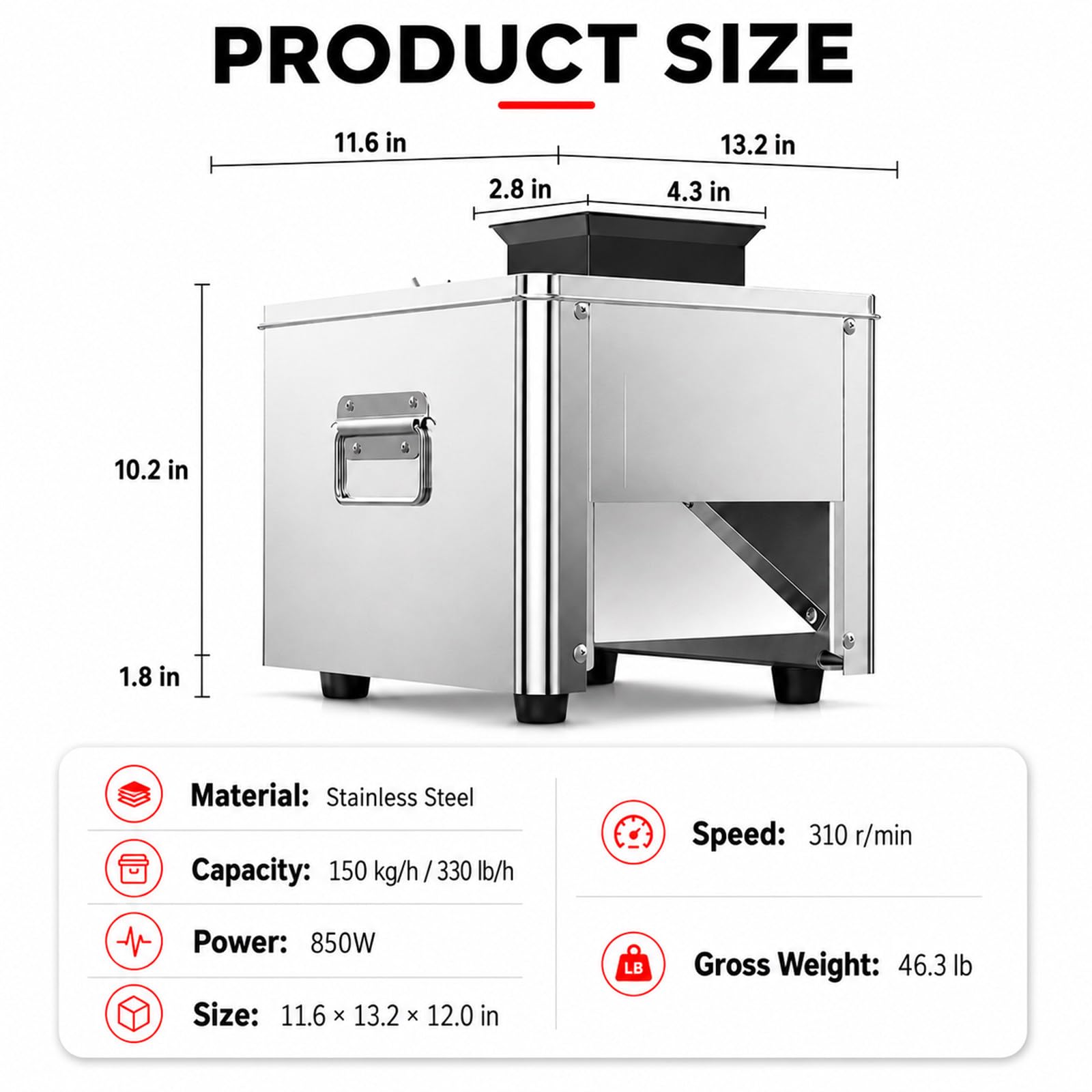 Cortadora de Carne para Cocina Profesional, 850W, Reduce el Tiempo de Corte Manual, Acero Inoxidable para Restaurante, Catering, Carnicería y Uso Diario 10mm