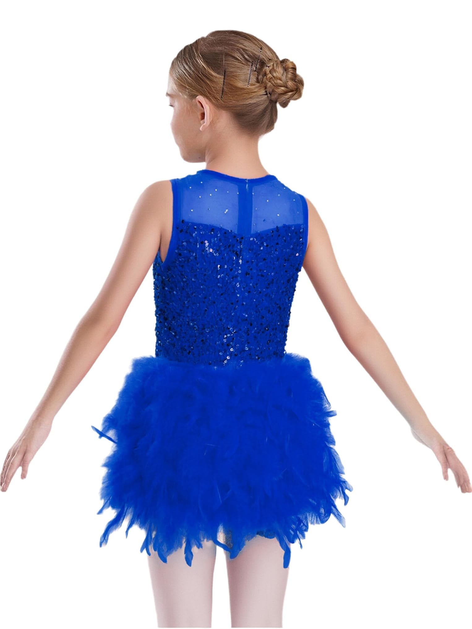 Oyolan Vestito Ballo Bambina Corpo Corpo Tutu in Piume E Strass Senza Maniche Costume Danza Latina Moderno E Jazz