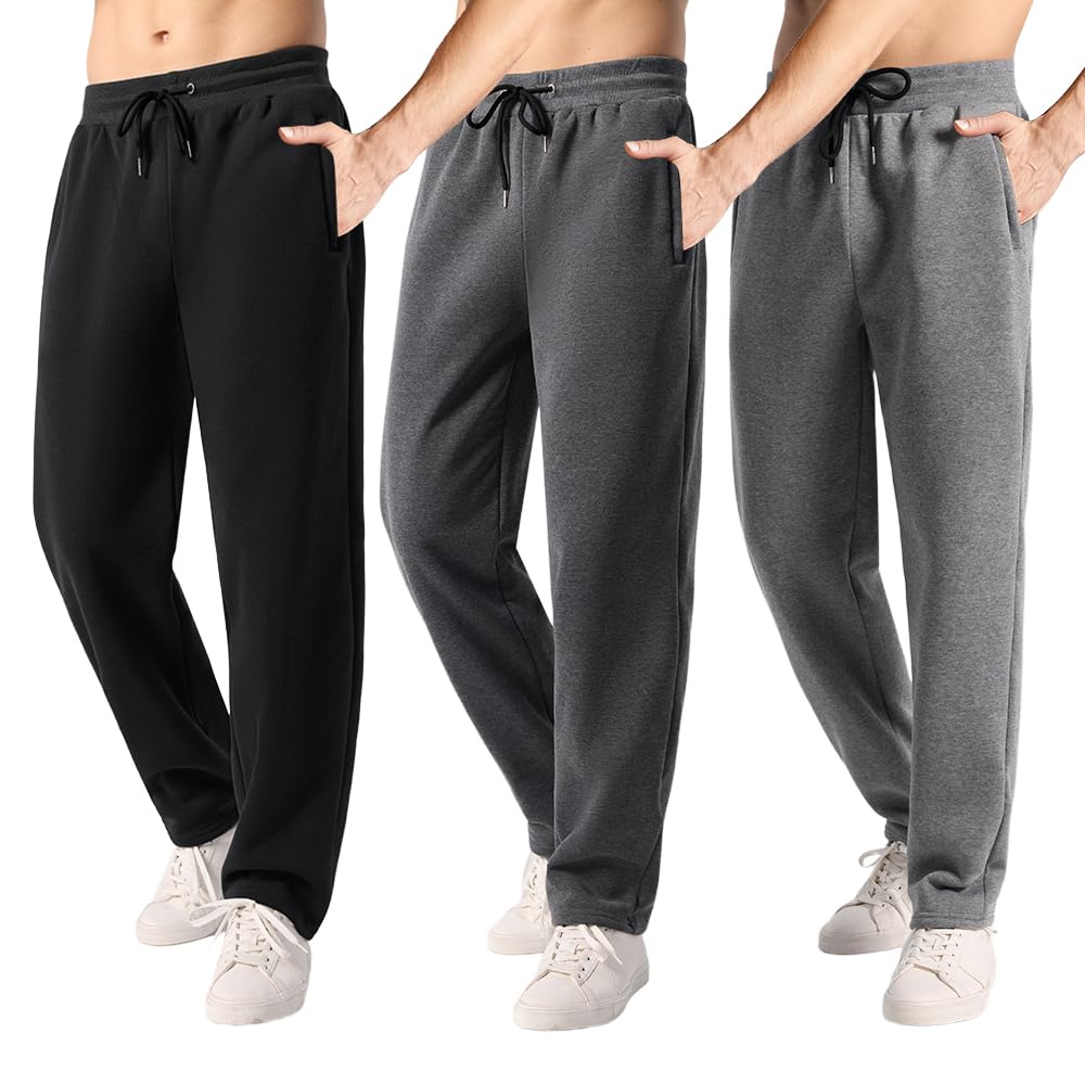 Men's 3-Pack Fleece Sweatpants with Pockets, Open Bottom Joggers