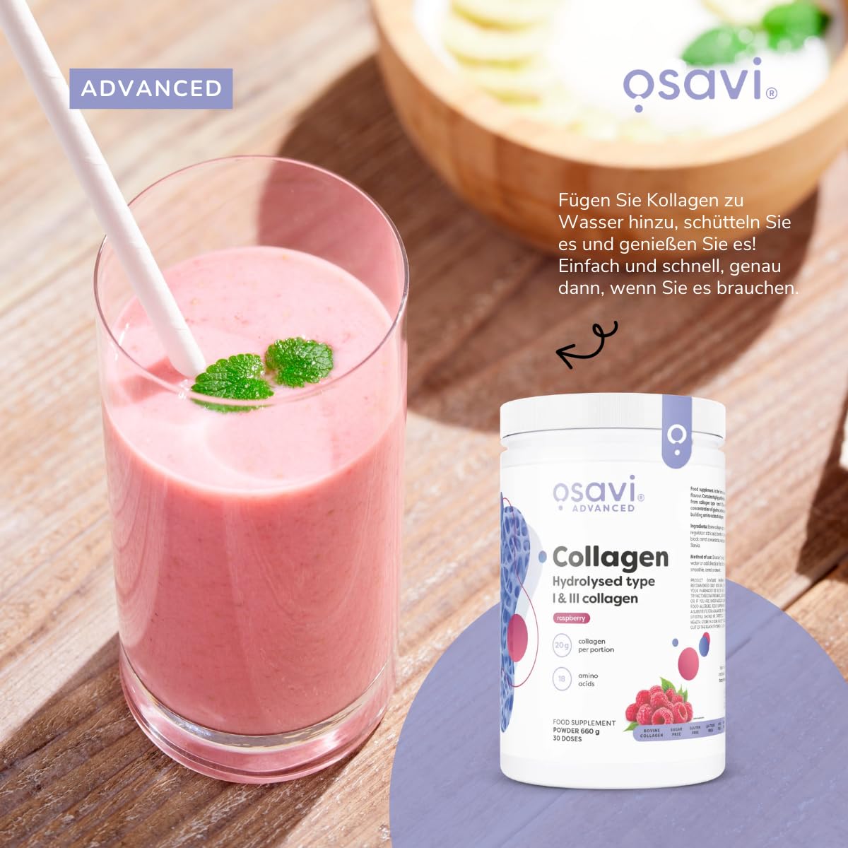 Osavi Hydrolysiertes Kollagen Typ I & III – 660 g Pulver | Himbeergeschmack | 20 g Peptide pro Portion | 18 Aminosäuren inkl. Glycin & Prolin | Unterstützt Muskeln & Knochen | Leicht löslich