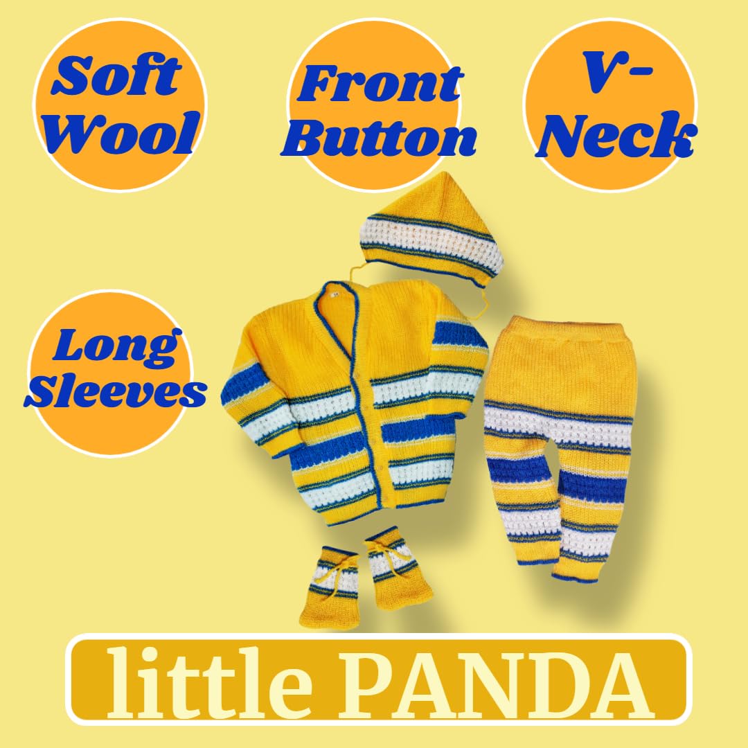 little PANDA Baby Sweater for Baby Boys & Baby Girls Woollen Full Sleeves, V Neck Sweater Top, Bottom, Cap & Booties Set (0-3 Months, Yellow) - Image 2 thumbnail