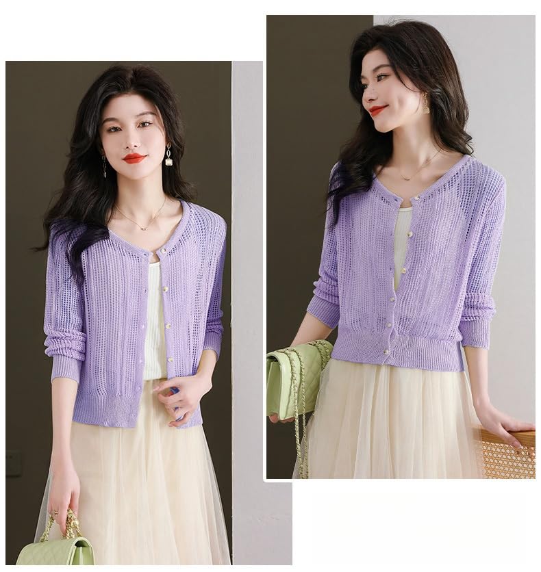 Cardigan Mujer, Cárdigan De Verano para Mujer, Cárdigan De Manga Larga, Blanco, Cuello Redondo, Botones, Crochet Hueco, Chaqueta De Punto Transparente, Abrigo De Primavera Informal, Cort