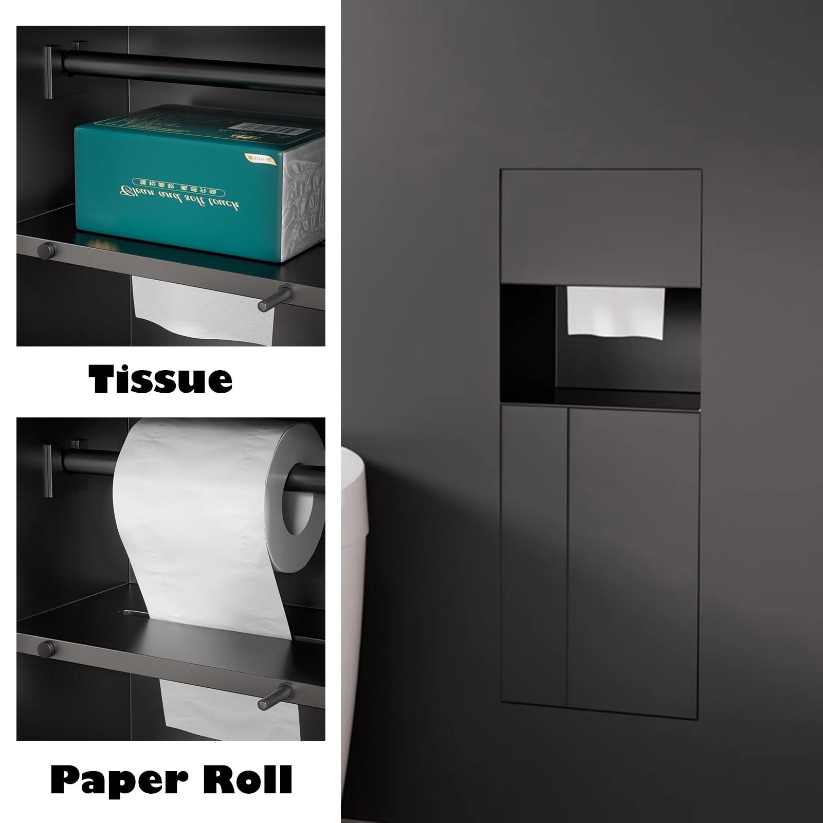 Nicho de Ducha Empotrable Portarrollos de Papel Higiénico Empotrado con Repisa para Teléfono, Nicho para Papel Higiénico de Pared para Azulejos, Porta Rollos de Papel y Papelera