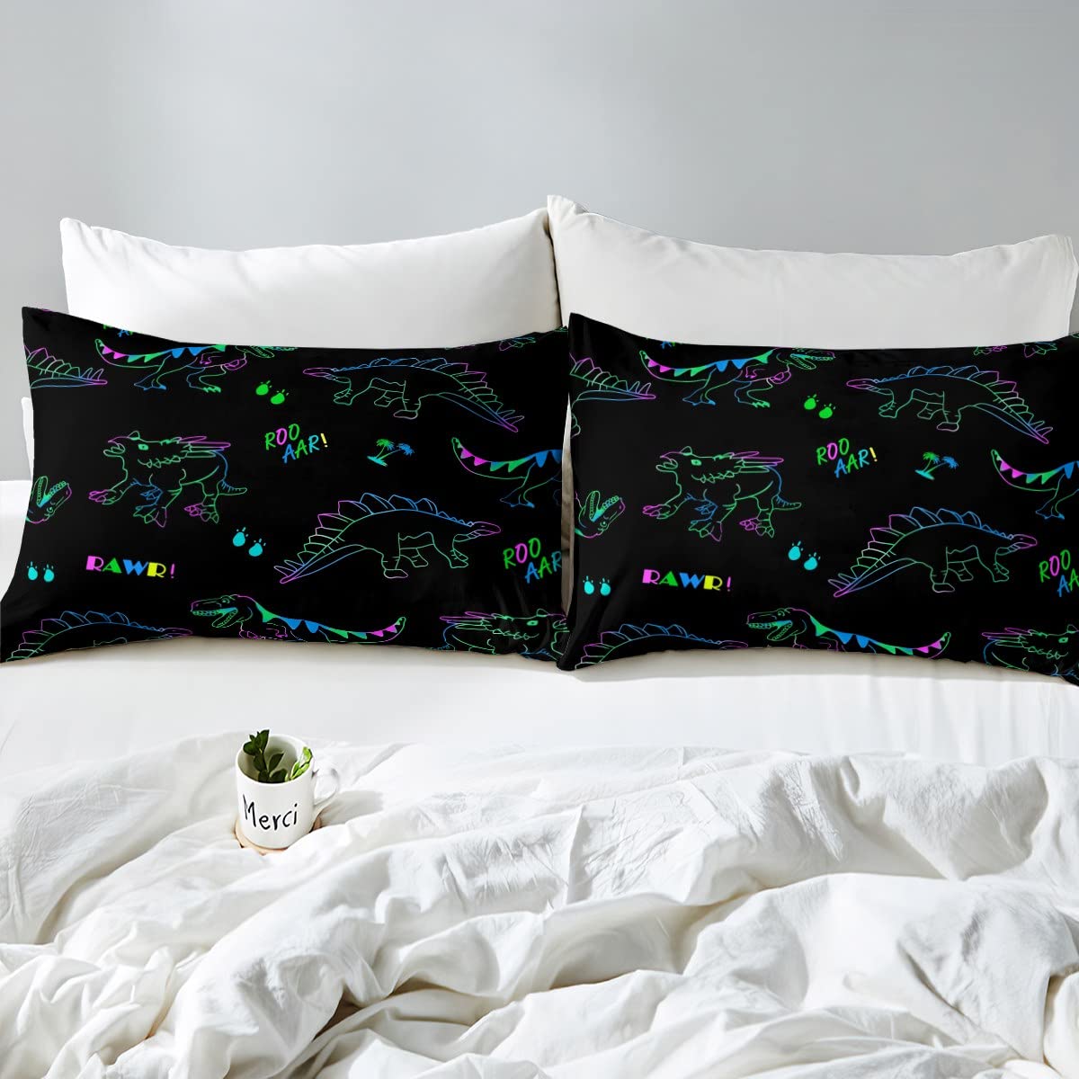 Wowelife Set di biancheria da letto per bambini con dinosauro, 4 pezzi, viola, con lenzuolo piano, lenzuolo con angoli, piumino e federa