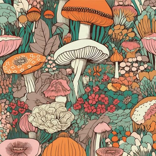 Carta da Parati Floreale Arancione, 44 x 300 cm Carta da Parati Funghi Fiori e Verde Foglie Jungle Botanica Foresta Piante Boho Colorata Pellicola Adesiva per Mobili,Camera da Letto,Soggiorno,Bagno