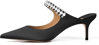 XINIUNIU Heeled Mules for Women Rhinestone Kitten Heels