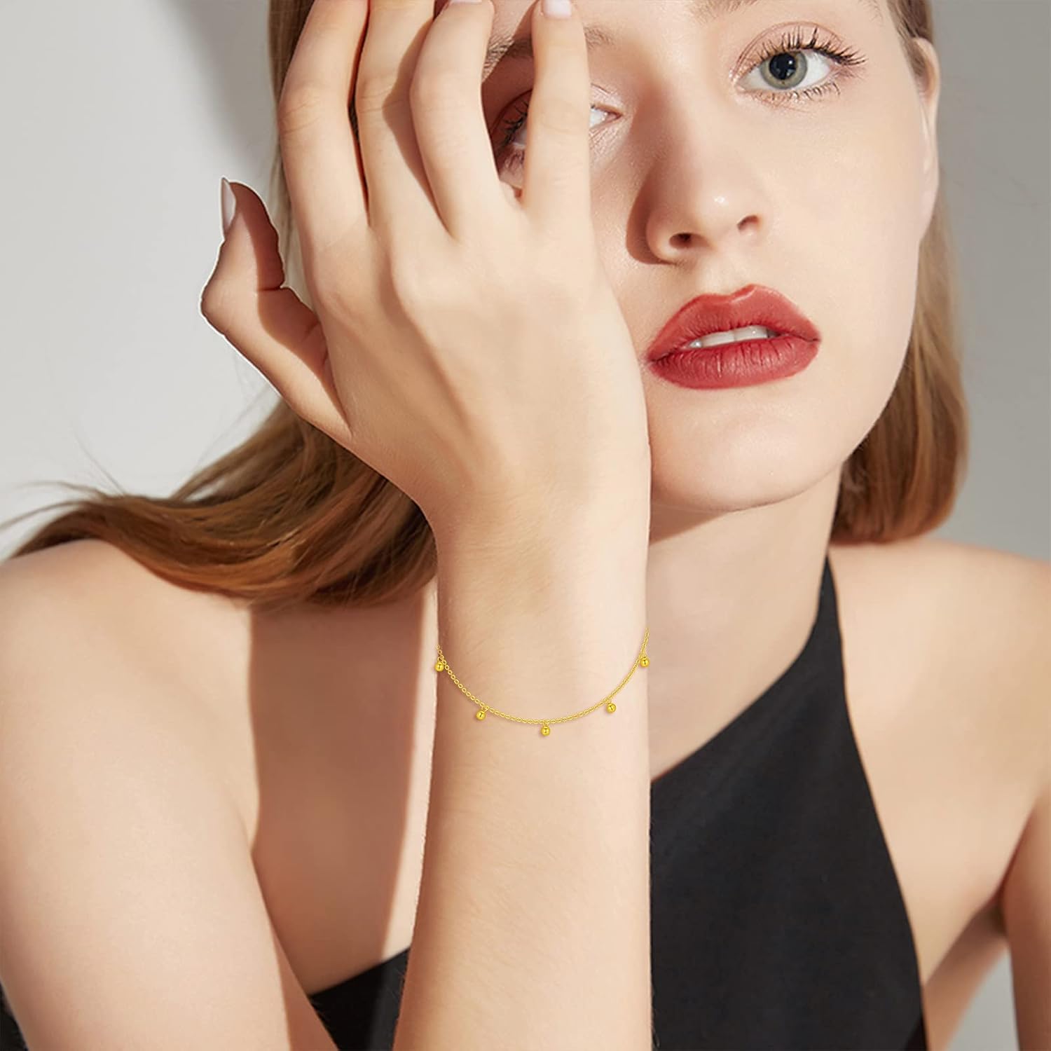 Solid 14K, 18K Gold Bracelets for Women, Real Gold Bead Thin Chain Bracelet