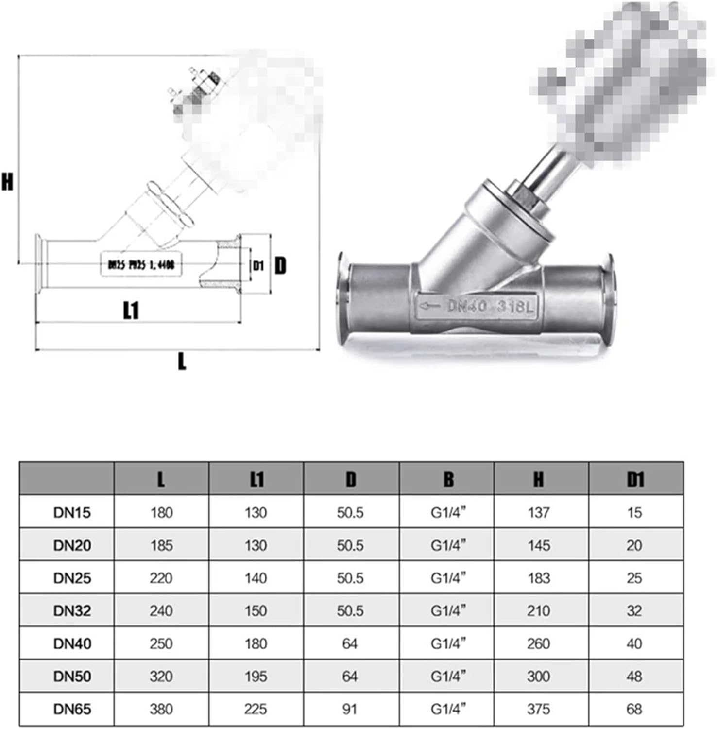 1 Inch DN25 Sanitary Angle Seat Valve NC Clamp OD 50.5MM Stainless Steel 304 Single Acting Air Actuated Normally Closed 1Pcs