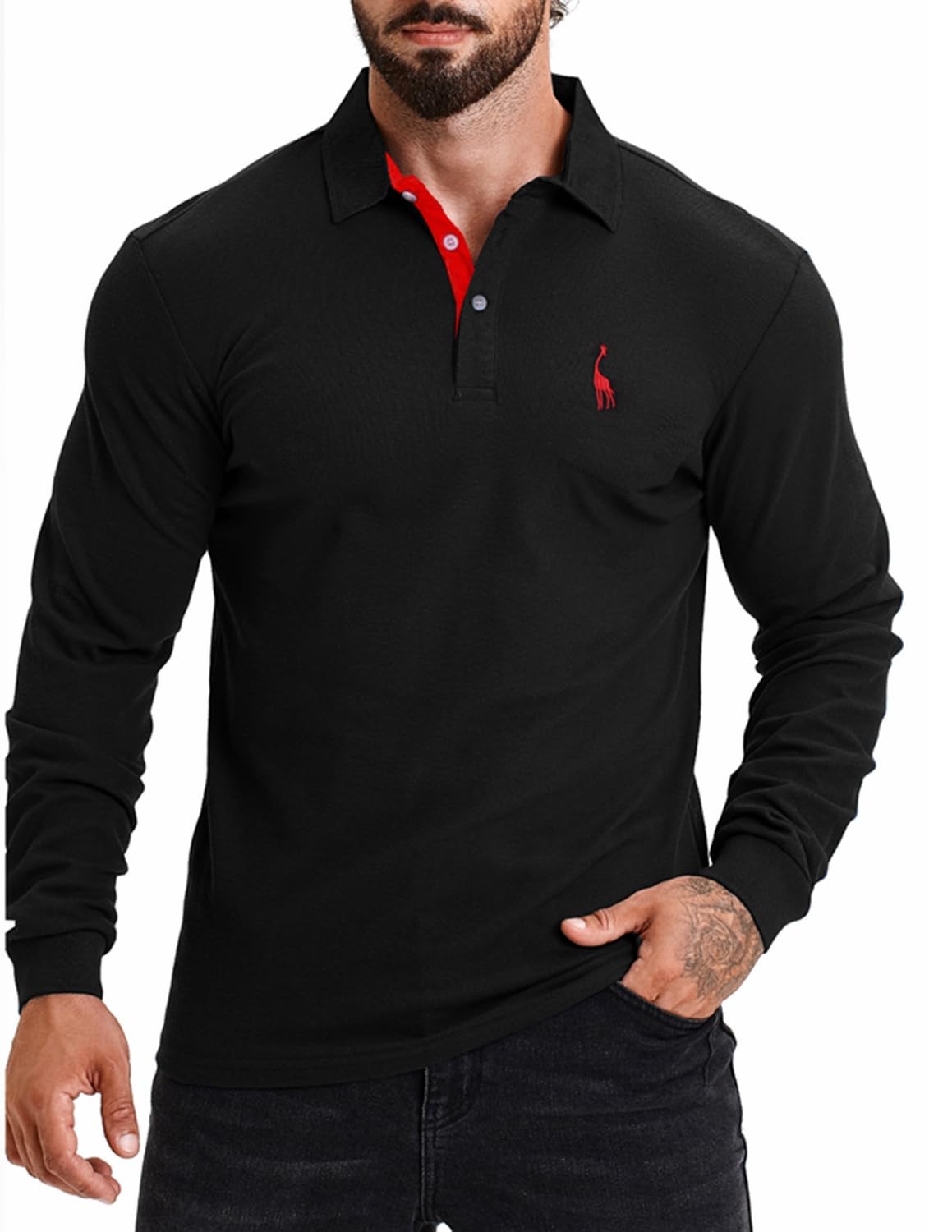 KUNJLELP 100% Cotone Polo da Uomo Manica Lunga Ricamo di Giraffa Maglietta Uniformi Polo da Lavoro per l'autunno e l'inverno