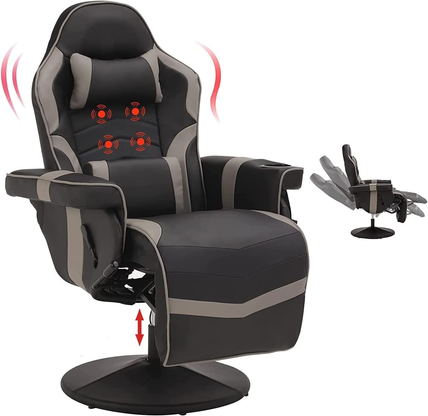 Massage Video Gaming Recliner Chair - Ergonomic Backrest & Seat Height Adjustment Swivel Recliner - PU Leather High Back Computer Office Chair with Cupholder, Headrest, Lumbar Support, Footrest