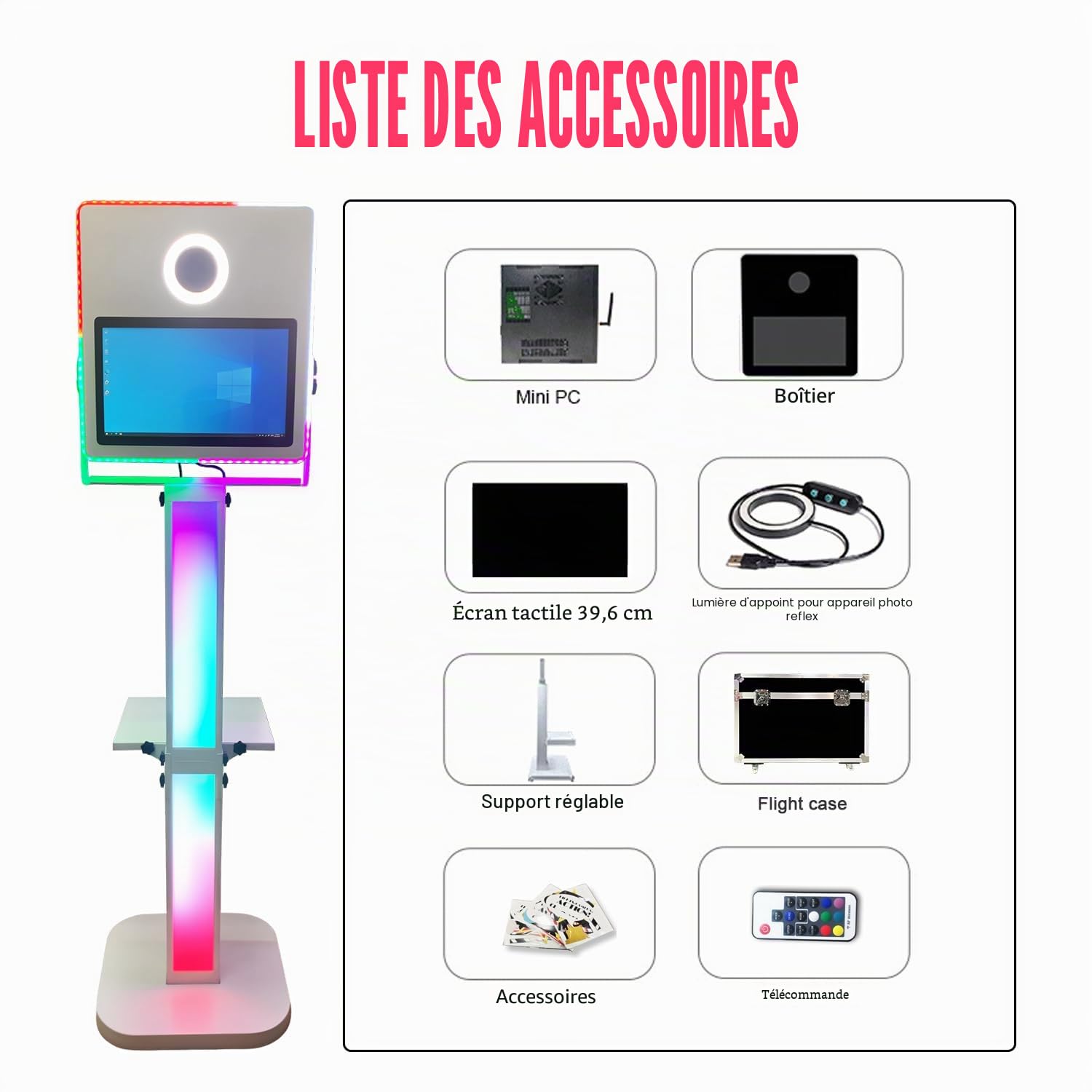 Cabine photo portable avec miroir pour appareil photo avec écran tactile de 15,6 pouces, appareil photo reflex numérique avec étui de transport pour fête de mariage (machine noire)