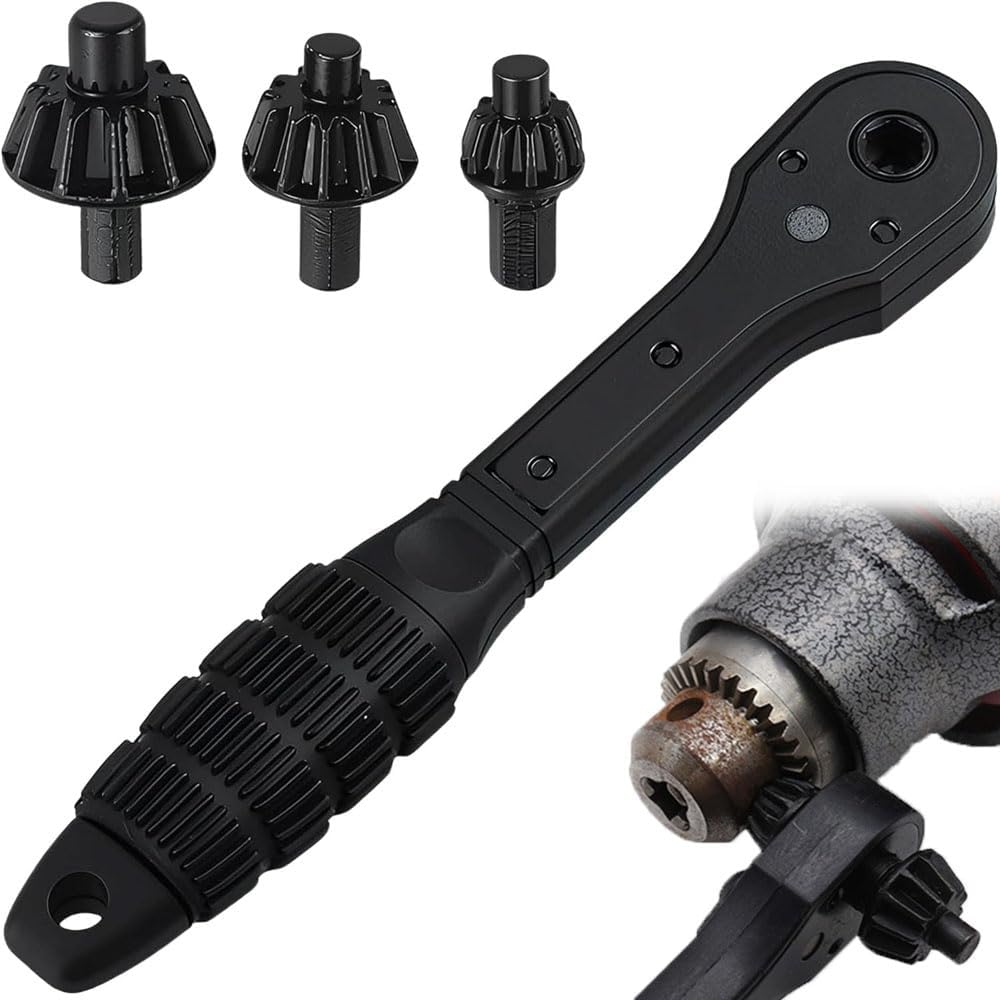 3-in-1 Drill Chuck Ratchet Wrench with Interchangeable Gear Heads, Magnetic Universal Anti-Slip Chuck Key Fits 10mm & 13.5mm Cordless Bench Drills, DIY Replacement Tool for Maintenance & Furniture