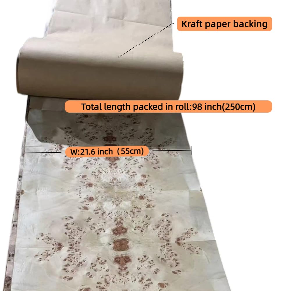Real Poplar Burl Wood Veneer Sheet,98'' x 21'',0.25 mm, Kraft Paper Backing–Exotic Joined Veneering for Guitar Tops,Auto interiors,Wall Covering,Tabletops,Furniture, Marquetry DIY Crafts
