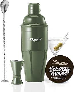 Cocktail Shaker, KITESSENSU 24oz Drink Shaker with Bartender Strainer, Measuring Jigger, Bar Mixing Spoon, Cocktail Recipe Guide, Professional Drink Mixer Set for Beginners, Olive Green