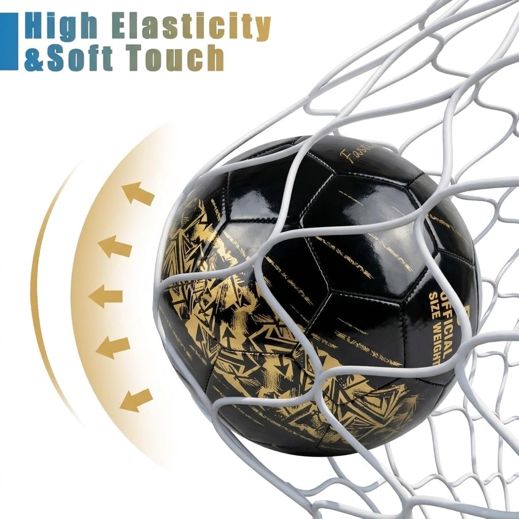 Soccer Ball Size 5, PU Leather Indoor/Outdoor Soccer for Youth & Adult, Black Soccer with Gold Print
