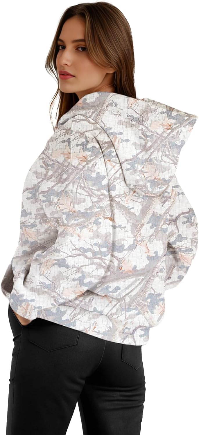 Womens Camo Hoodies Fleece Oversized Hooded Sweatshirts Fashion Tree Leaf Graphic Pullover Tops - Image 2