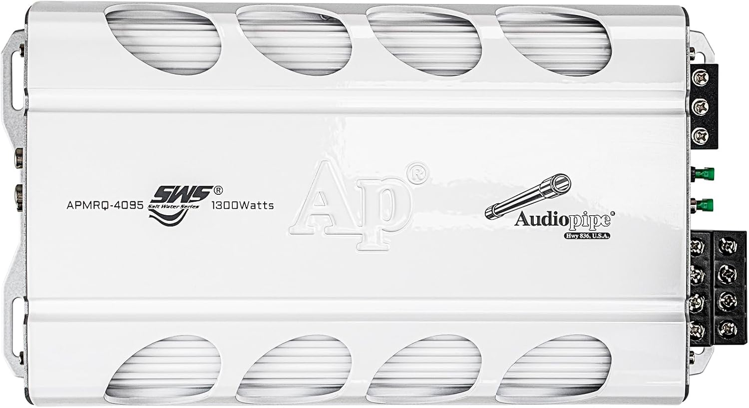 Audiopipe Mini Design 4-Channel Mosfet Marine/Boat Amplifier (APMRQ-4095), 1300 Watts, Class A/B, Compact Design, Weatherproof, Remote Control, Perfect for Boats, Marine Sound Systems, White