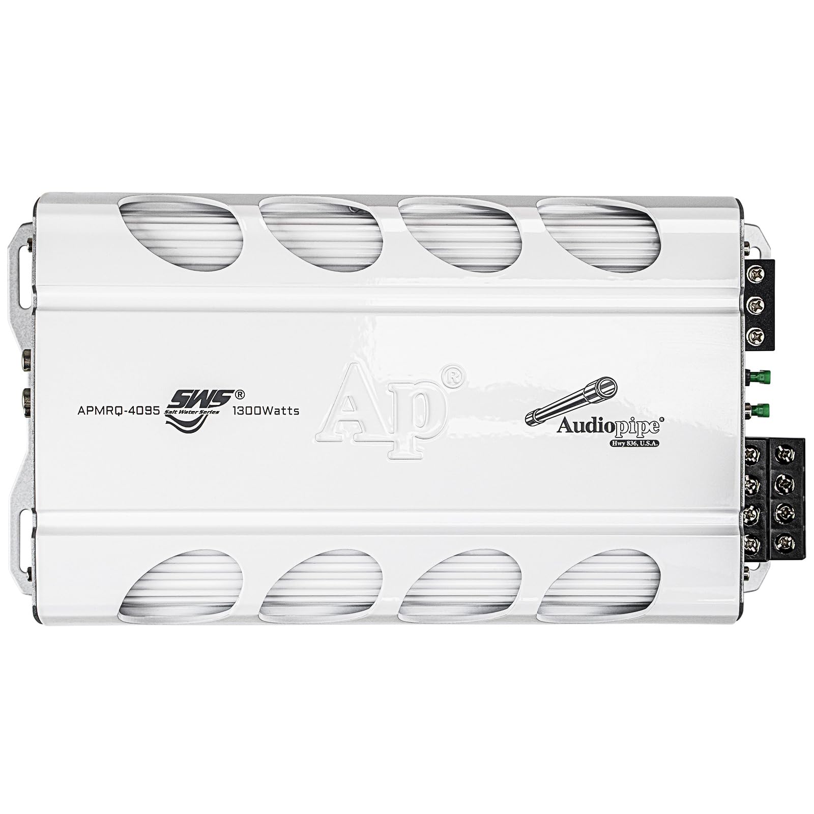 Audiopipe Mini Design 4-Channel Mosfet Marine/Boat Amplifier (APMRQ-4095), 1300 Watts, Class A/B, Compact Design, Weatherproof, Remote Control, Perfect for Boats, Marine Sound Systems, White