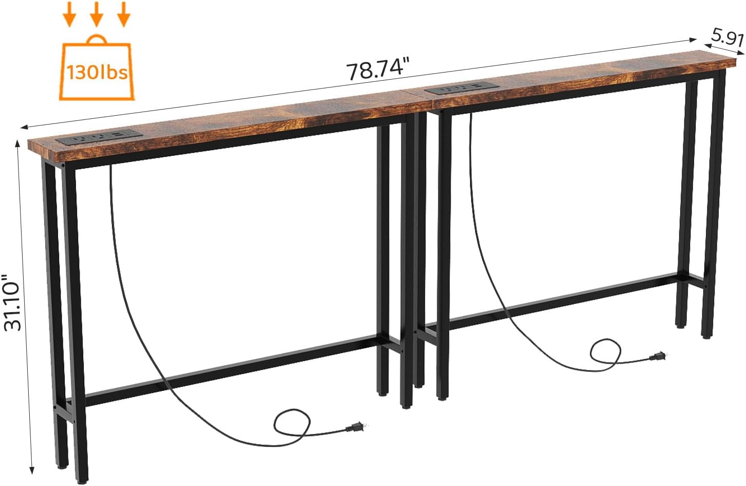 VINGLI 79" Console Table with Power Outlet, 5.9" Narrow Sofa Table Set of 2, Entryway Table with Charging Station & 4.9 Ft Extension Cord & Adjustable Feet, for Living Room, Hallway, Rustic Brown