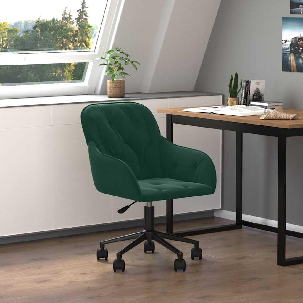 Chaise de bureau pivotante en velours vert foncé avec roulettes