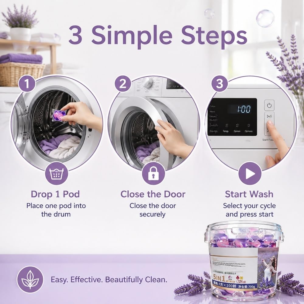 Cápsulas de lavandería 5 en 1 de lavanda, 100 unidades, aroma 72 h