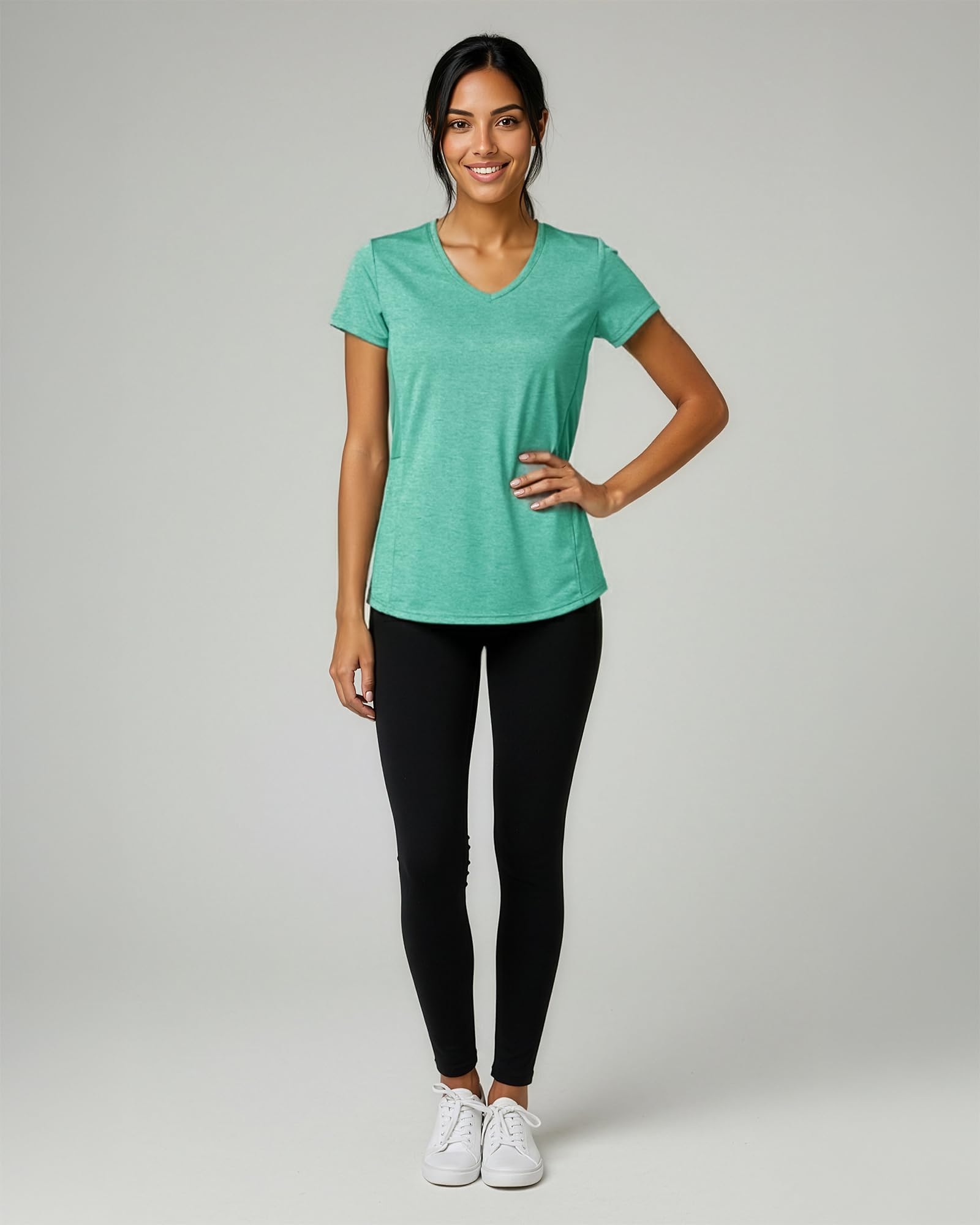 Real Essentials 5 Pack: Women's Dry Fit Short Sleeve V Neck Workout Top - Fitness Pilates Gym Athletic Yoga T-Shirt (Plus Available), Set 15, L