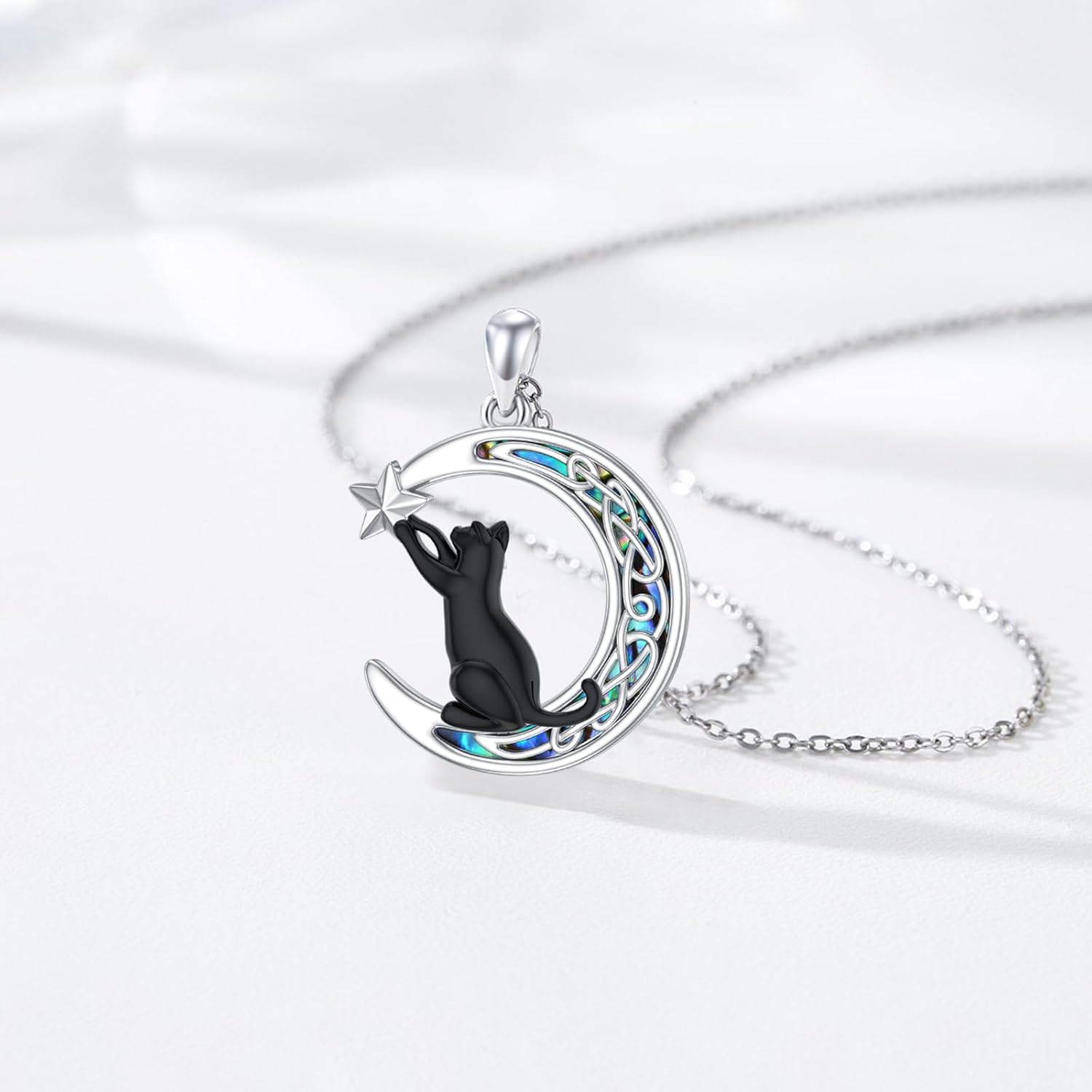 Black Cat Necklace 925 Sterling Silver Celtic Moon Abalone/Moonstone Pendant Gifts for Women - Image 2