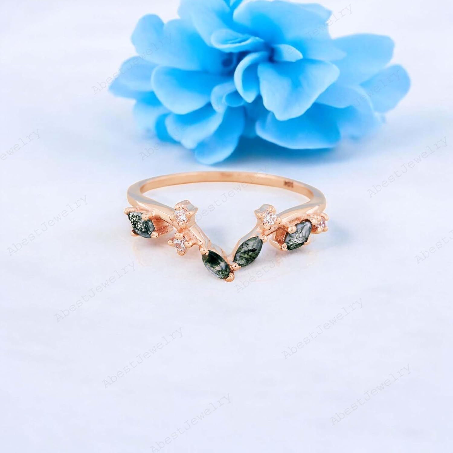 Marquise cut Moss agate Curved wedding band vintage Delicate rose gold ring Leaf ring Branch band Bridal Antique Matching Valentine's Day Gift For her BY ABESTJEWELRY