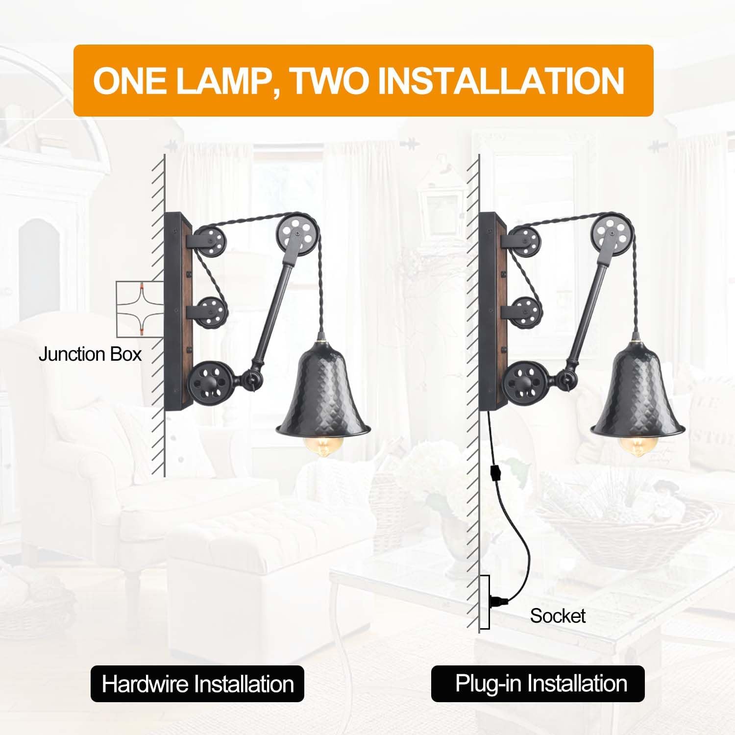 Steampunk Industrial Pulley Wall Sconce Plug in, Vintage Black Metal Wall Mounted Lamp with Switch Retro Wall Light Fixtures with 8FT Plug in Cord, E26 Base(Edison Bulb Included, 1 Pack)