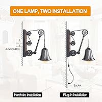 Vista 4 de Steampunk - Lámpara de pared industrial de polea enchufable, lámpara vintage de metal negro con interruptor, lámpara de pared retro con cable