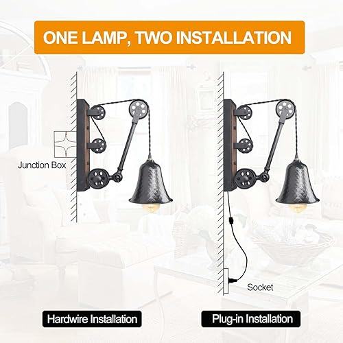 Miniatura 4 de Steampunk - Lámpara de pared industrial de polea enchufable, lámpara vintage de metal negro con interruptor, lámpara de pared retro con cable de