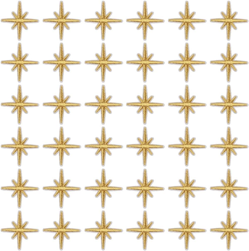 100Pcs Gold Star Embroidered Patches Eight Pointed Star Celestial Iron on Patch Solid Sew on Repair Badge Ornamental Cloth Patches for Sewing Making Clothing Jeans Shirt Bag Christmas Supply