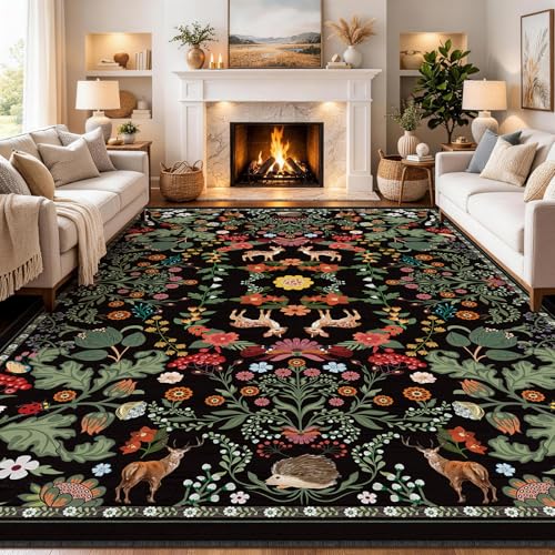 FVVRAX Washable Rugs Living Room 160×230cm, Black Large Low Pile Boho Area Rugs for Bedroom Animals Floral Print Design, Non-Slip Soft Modern Floor Carpet Lounge Room