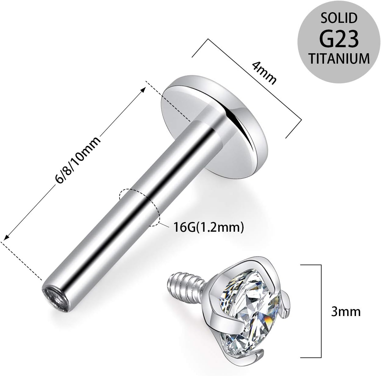 GAGABODY G23 Titanium 16G 6/8/10mm Clear CZ/Opal Internally Threaded Labret Monroe Lip Studs 6mm Helix Cartilage Tragus Earring Piercing image 3