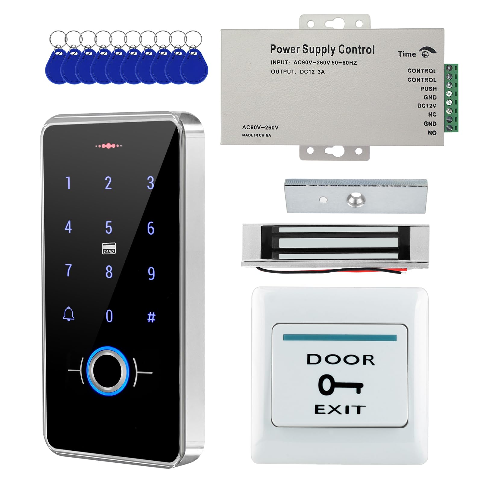 ReaIOKbii IP68 Waterproof Outdoor Fully Fingerprint Door Access Control System Kit – RFID Keypad Entry with 180KG Magnetic Lock, 13.56MHz, DC12V Power Supply, Exit Button & 10 Key Fobs