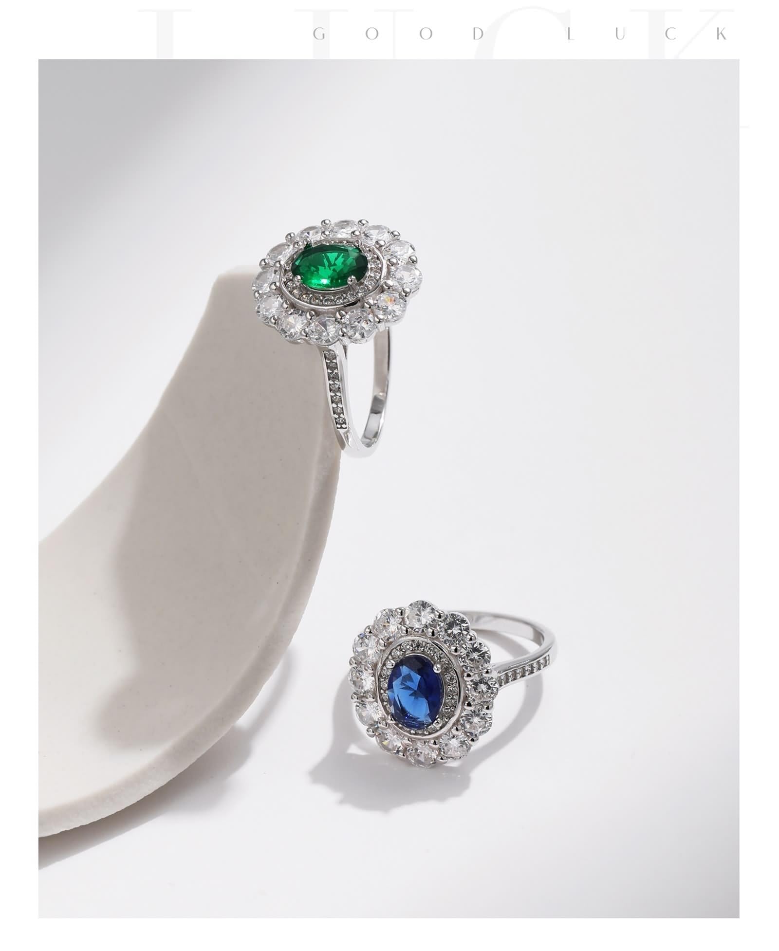 Anillos de boda de oro blanco, anillos para mujer, dedo medio, ovalado, con esmeralda fabricada en laboratorio