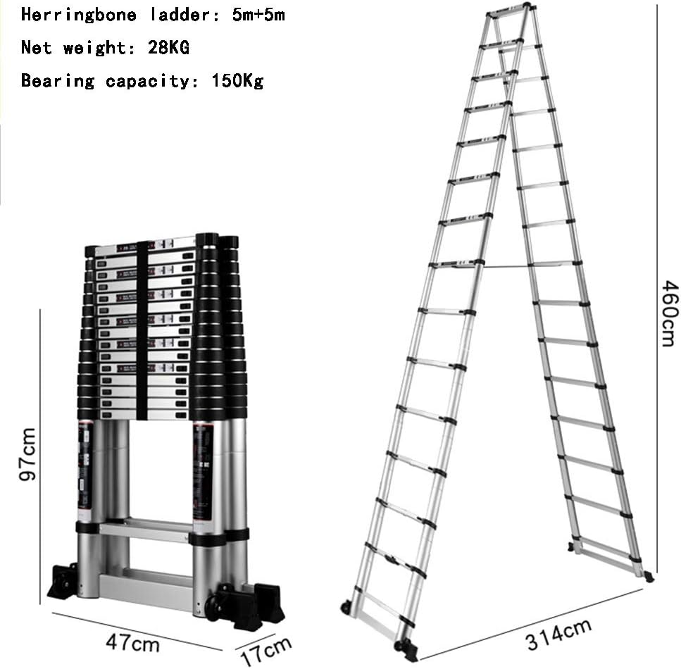 Extension Ladder Aluminum Herringbone Ladder — Thick Folding Ladder, Multi-Function Lift, Engineering Staircase for Home, Outdoor (Size : Herringbone ladder-5m+5m)