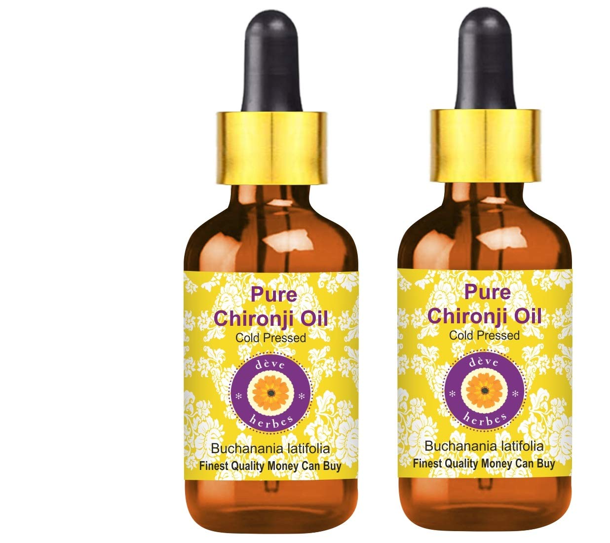 Deve Herbes Pure Chironji Oil (Buchanania latifolia) with Glass Dropper Natural Therapeutic Grade Cold Pressed (Pack of Two) 100ml X 2