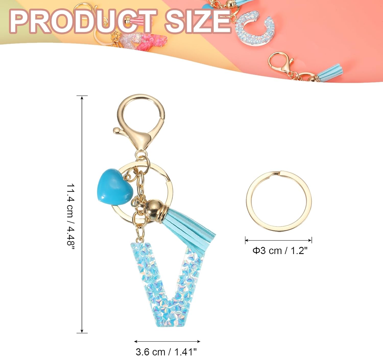 PATIKIL Alphabet Initial Letter Keychain, Resin Cute Keychains with Tassel Heart Letter V Pendant Charm for Women Key Purse Handbag Bag Accessories, Blue - Image 2