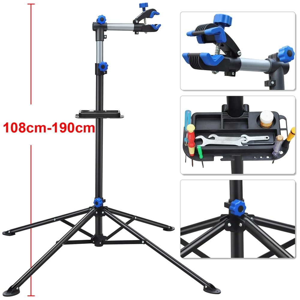 Yaheetech Pied atelier Vélo VTT Hauteur Réglable 108 -190 cm, Support de Réparation Vélo Poste de Montage pour Bicyclette avec Pince de Serrage Léger et Portable Pivotant à 360