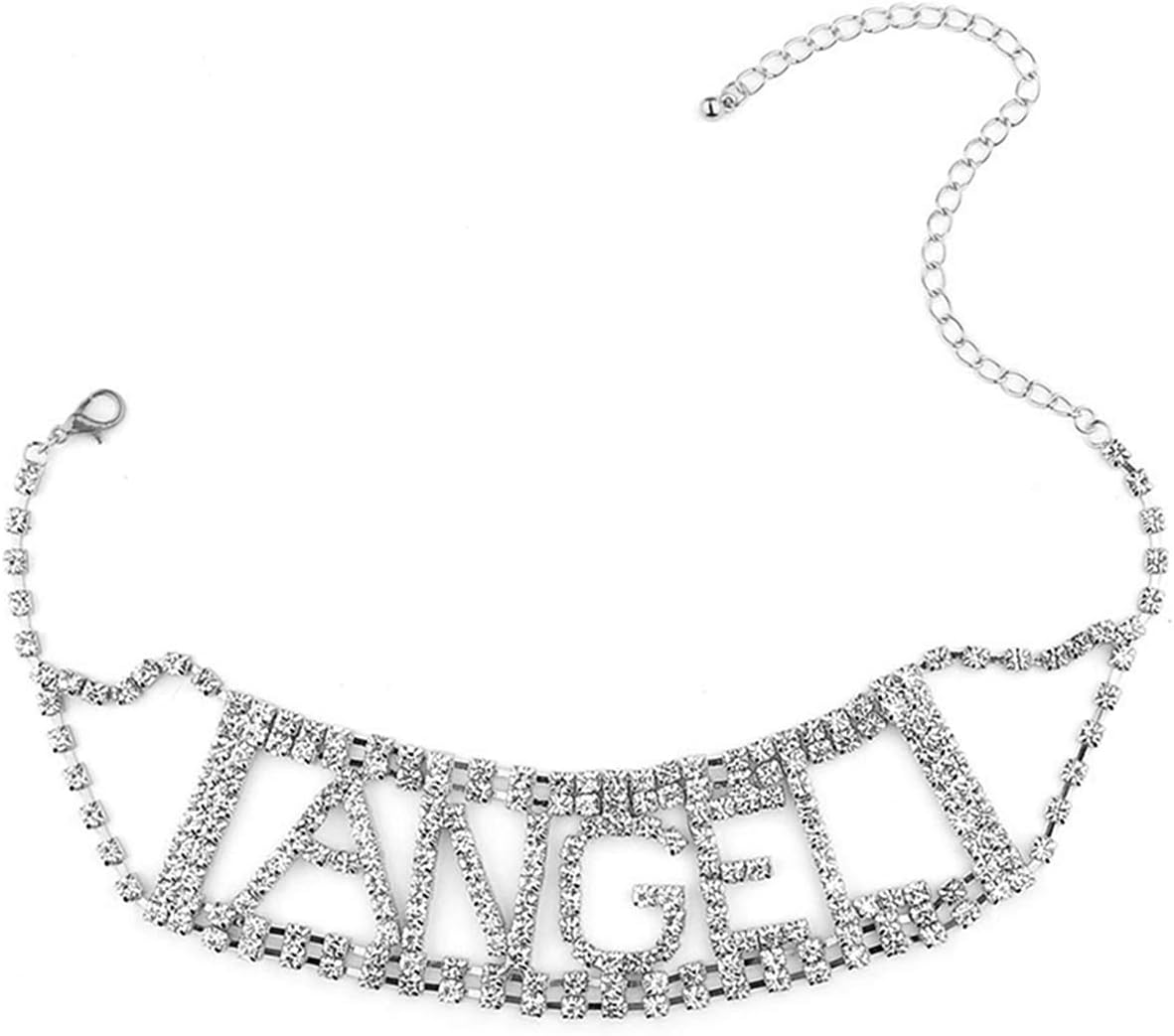 Ingemark Sexy ANGEL Block Letter Wide Crystal Collar Choker for Women Girls Shiny Rhinestone Multi Layer Necklace (ANGEL-Silver)
