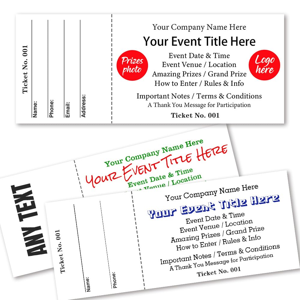 Custom Raffle Tickets with Tearaway Stubs Numbered - Personalized Fundraiser Tickets with Your Logo Prize Photo Text for 50/50 Auction Giveaways