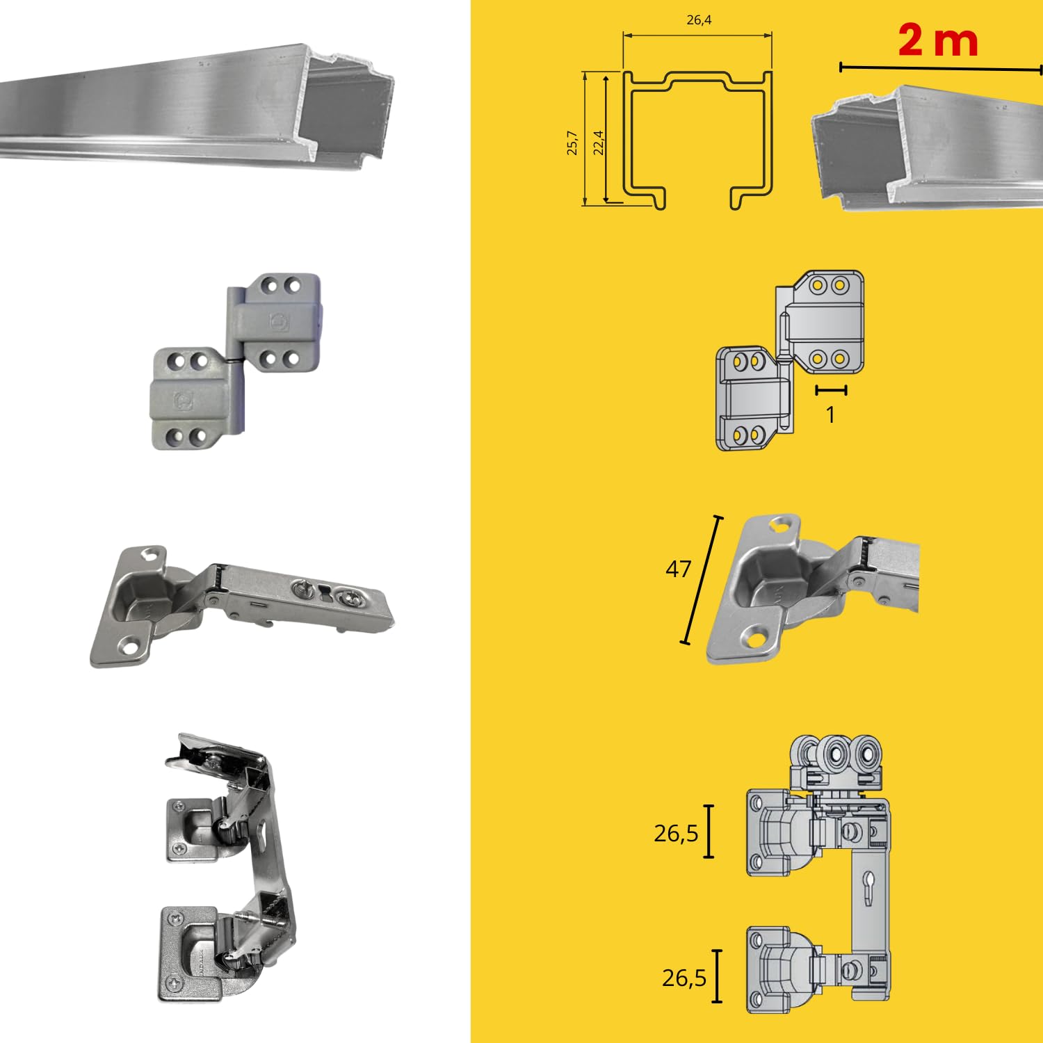INDAUX Kit de herrajes deslizantes para puerta de muebles, armarios, guardarropa plegable con nueva opción Soft 25 kg (anodizadas, 2 puertas)