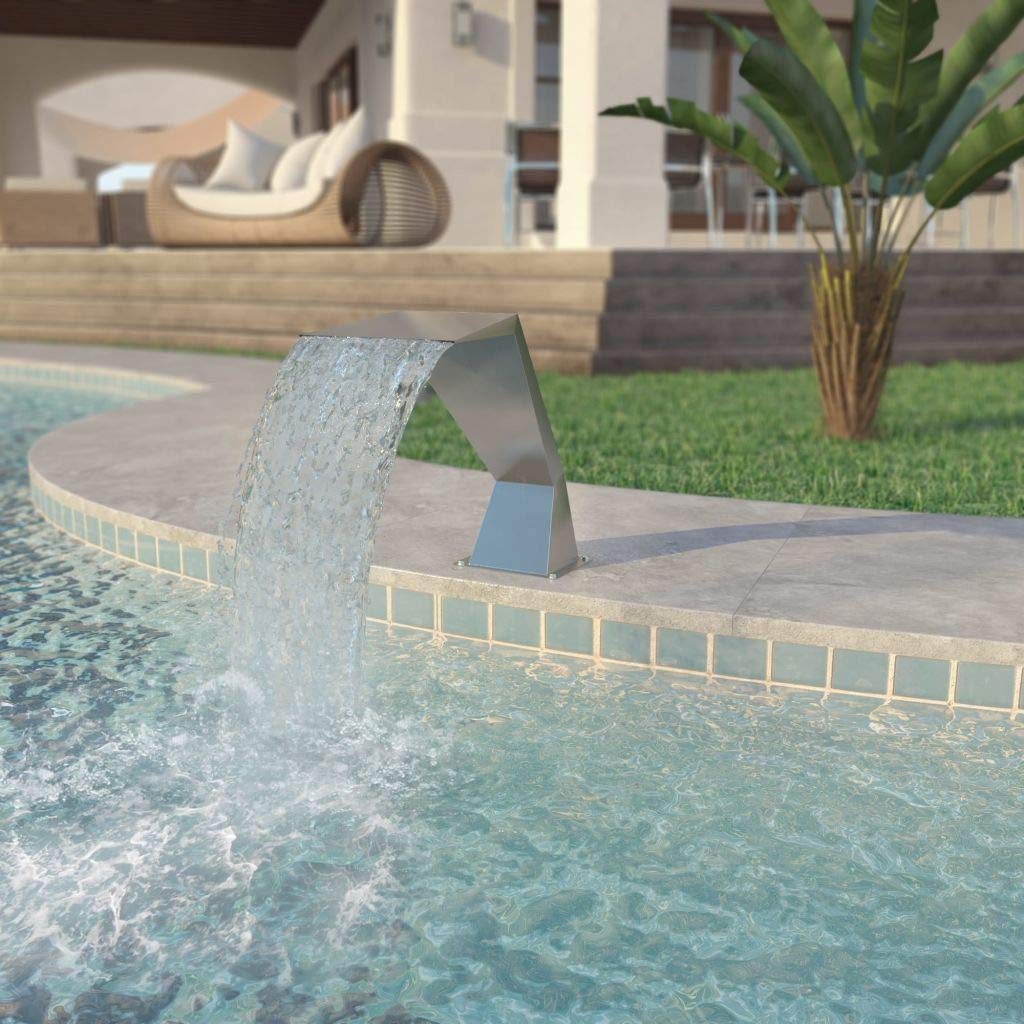 IKAYAA Fuente Cascada para Piscina Fuente Jardin Acero Inoxidable, SPA, Fuentes de Piscina o Jardín de Plata, Diseño Curvo, 64 x 30 x 52 cm