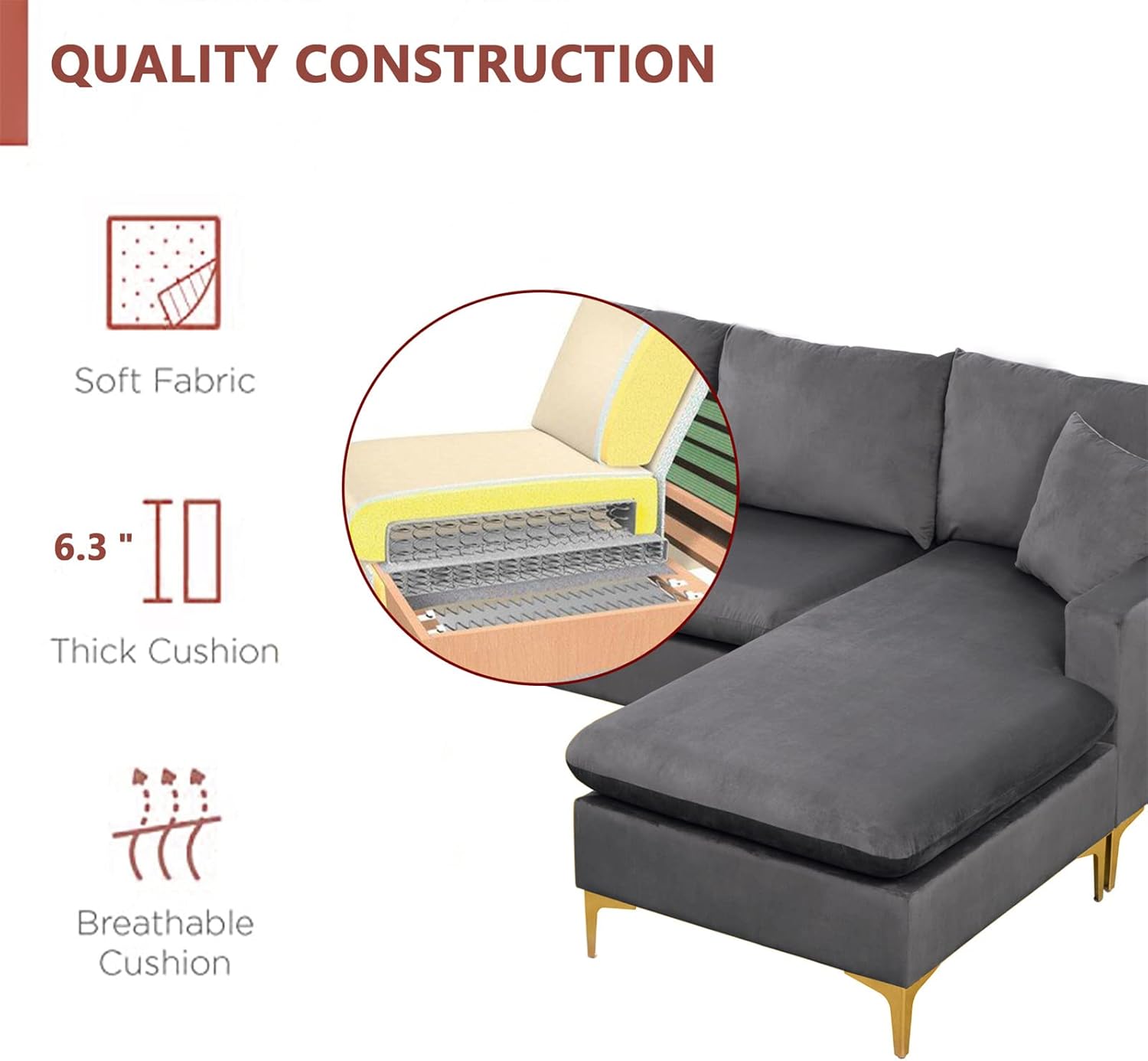 Sectional Sofa with Ottoman, L-Shape Elegant Velvet Upholstered Couch with 2 Pillows for Living Room Apartment
