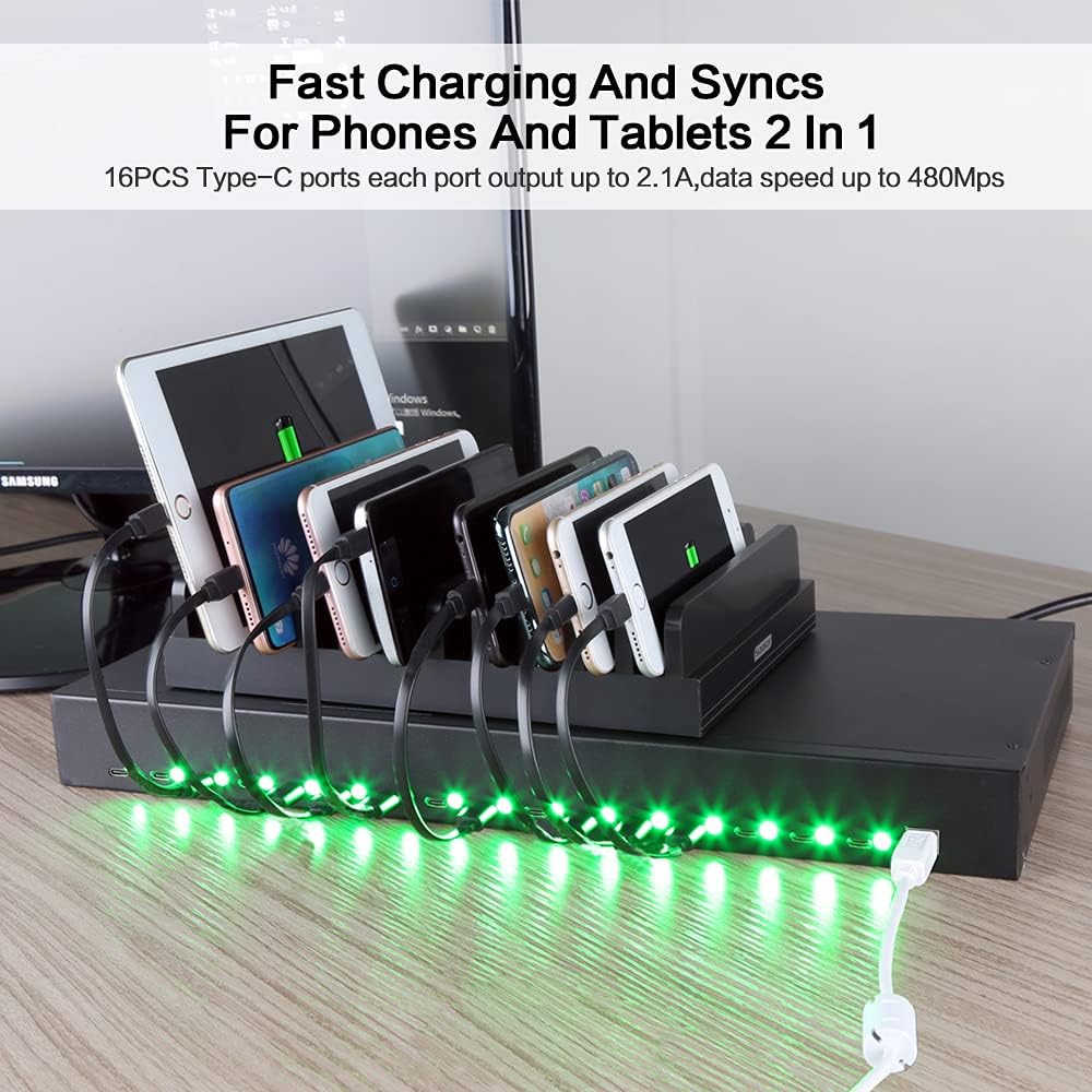 16-Port USB-C sync Charging hub Station-Charging Cabinet Hub-5V 40A 200W USB Charger Output-high Speed Charging hub Station for Smartphone Tablet-Rackmount-Black Metal image 4 of 6 B099KBFFYQ