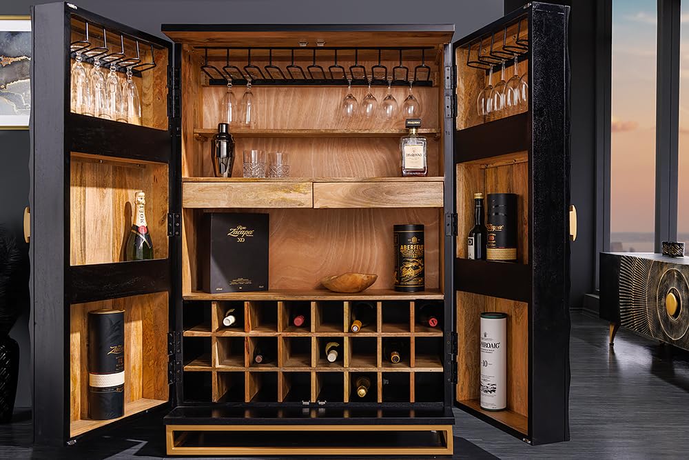Riess Ambiente Handmade Barschrank GOLDEN Sunset 145cm schwarz Gold Mangoholz Massivholz Metallgestell Hausbar Highboard Flaschenhalter Glashalter inkl. Schubladen Türregale