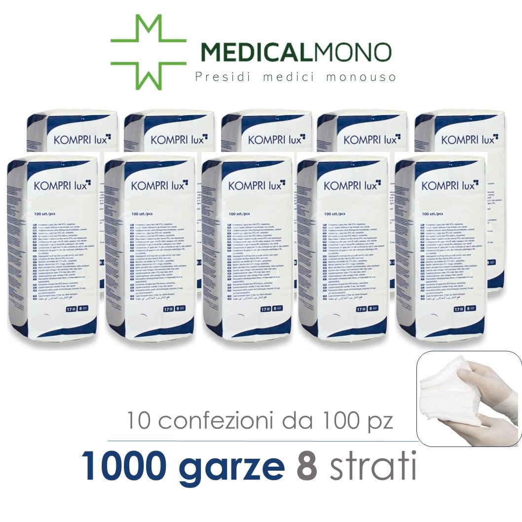 MEDICALMONO - Compresse piegate di garza NON STERILI, 100% cotone, 8 strati - 1000 pz (CM 10X10 CM)