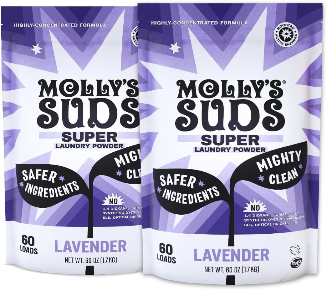 Molly's Suds Super Powder Detergent | Extra Strength Laundry Soap, Stain Fighting | Sensitive Skin | Simple, Effective Ingredients | Lavender, 120 Loads Total (2 Pack)
