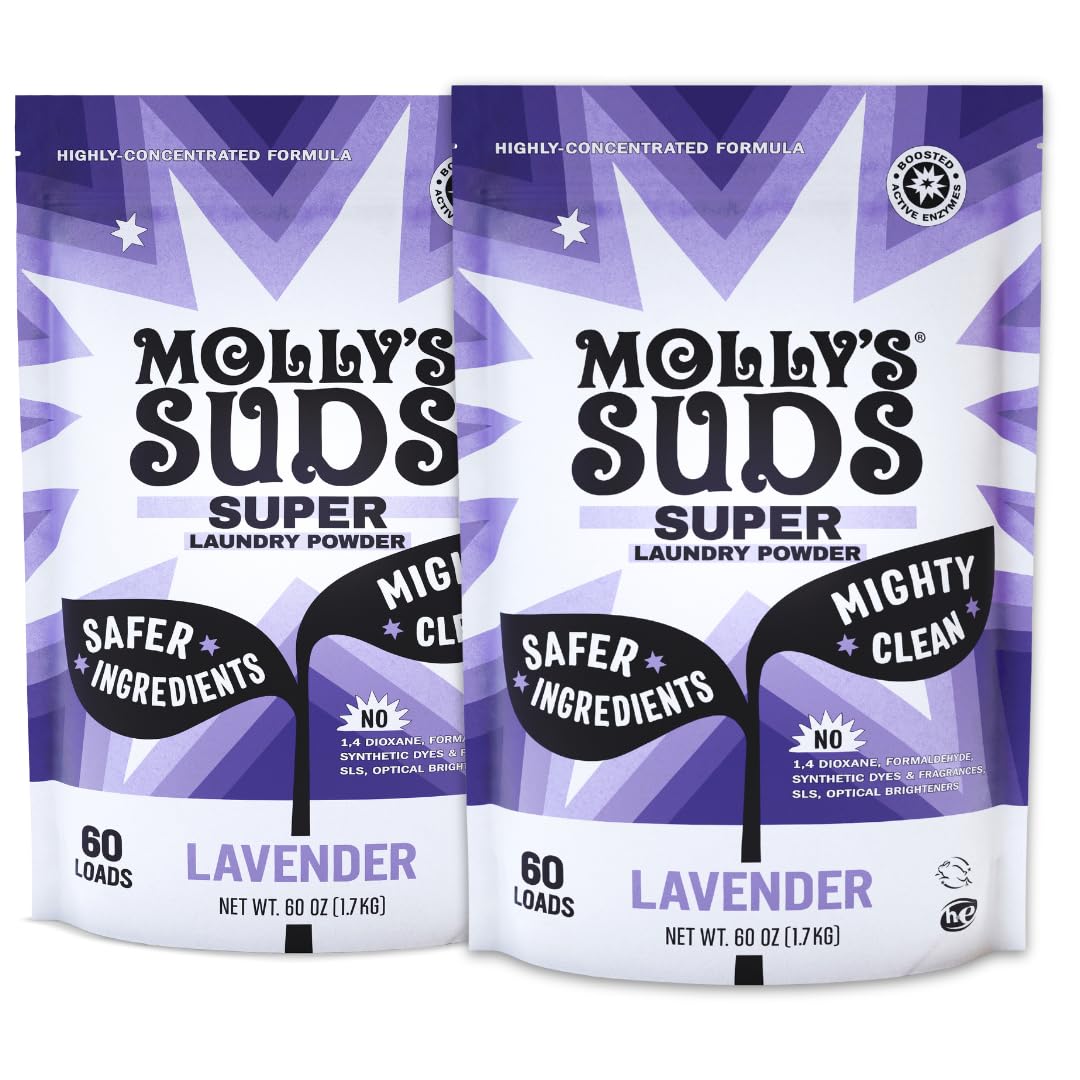 Molly's Suds Super Powder Detergent | Extra Strength Laundry Soap, Stain Fighting | Sensitive Skin | Simple, Effective Ingredients | Lavender, 120 Loads Total (2 Pack)